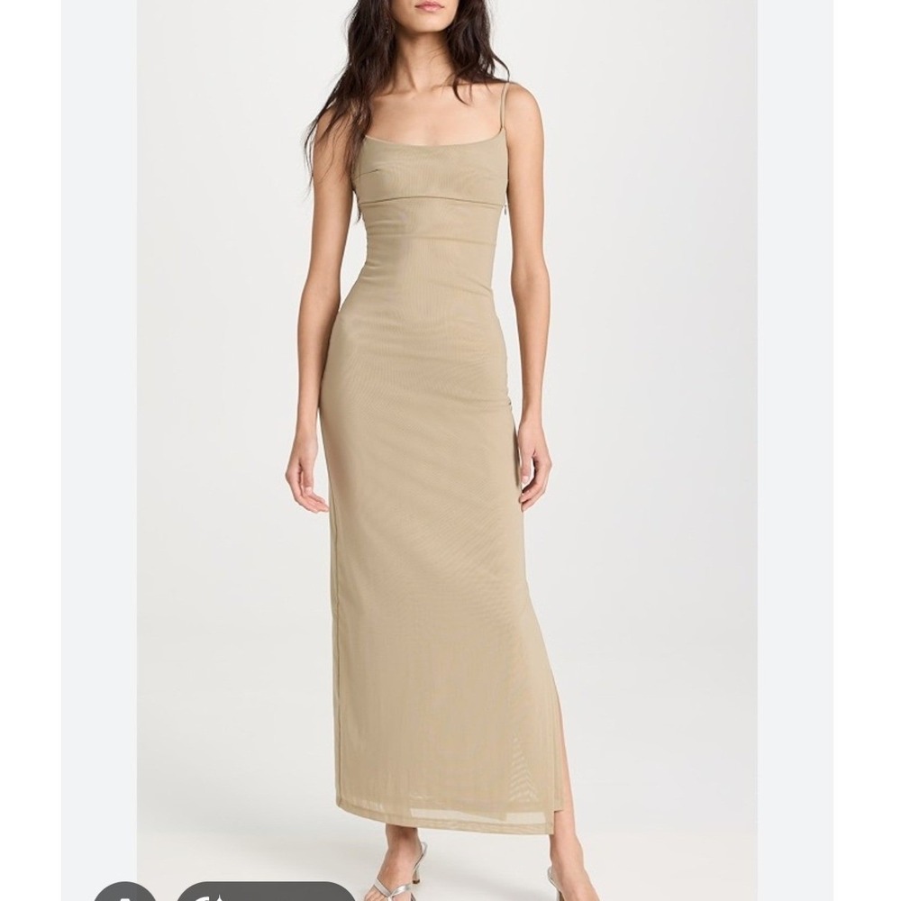 Miaou Thais Dress Khaki Power Mesh Maxi Side Slit Sleeveless Size L NEW Designer